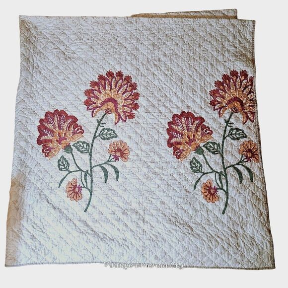 Vtg Double Full size Curio Quilt Reversible Flower Embroidered Bedspread Blanket - Picture 5 of 15